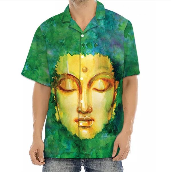 Áo sơ mi Phật giáo thiền định với họa tiết mặt Phật trên nền xanh lá cây Hawaii